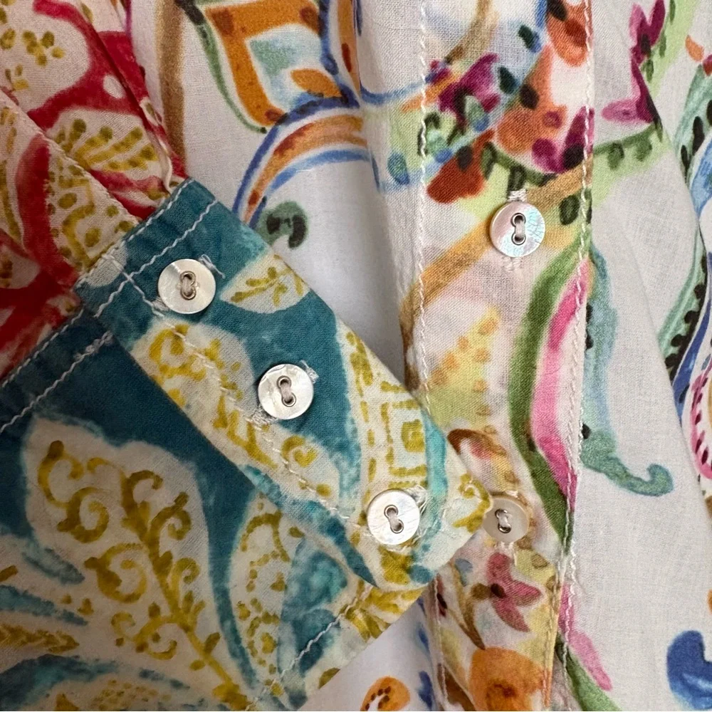 Cino Shirt Womens Colorful Paisley Boho Festival Roll Tab Sleeve Button Up Sz L - Picture 6 of 12